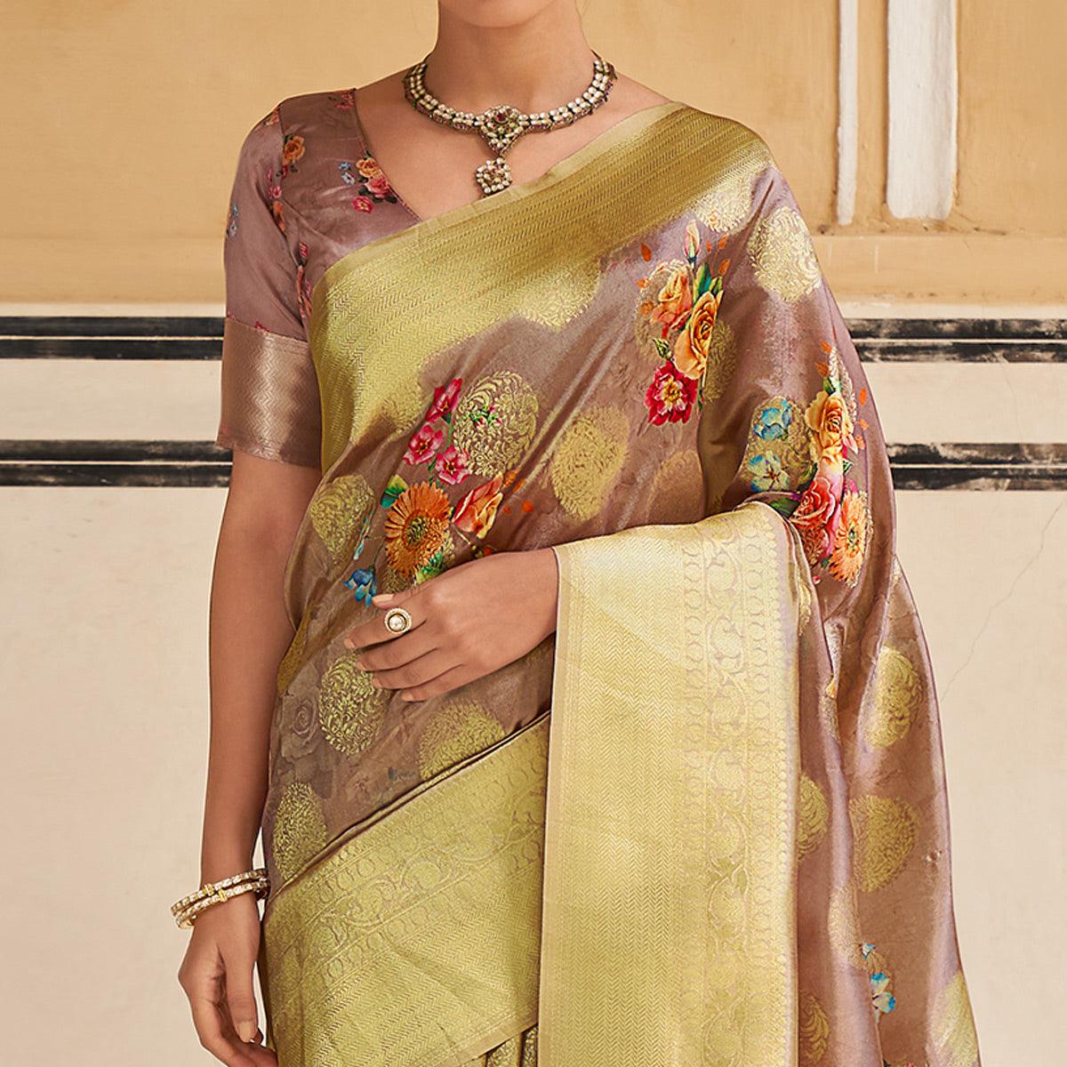 Brown Festive Wear Digital Printed Jacquard Silk Saree