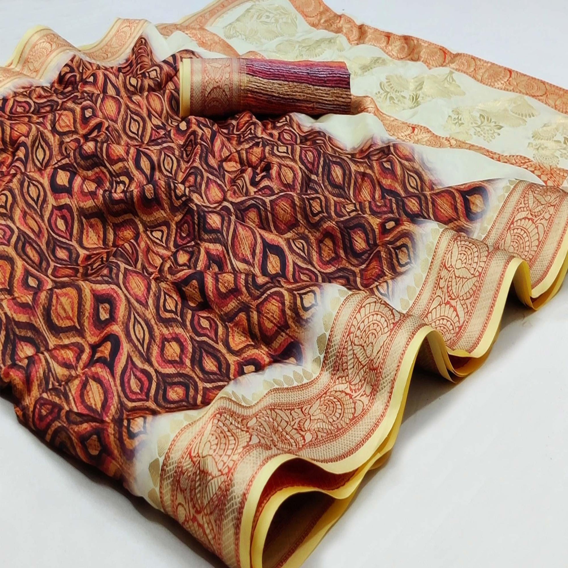 Brown Festive Wear Digital Printed Soft Silk Saree With Jacquard Border