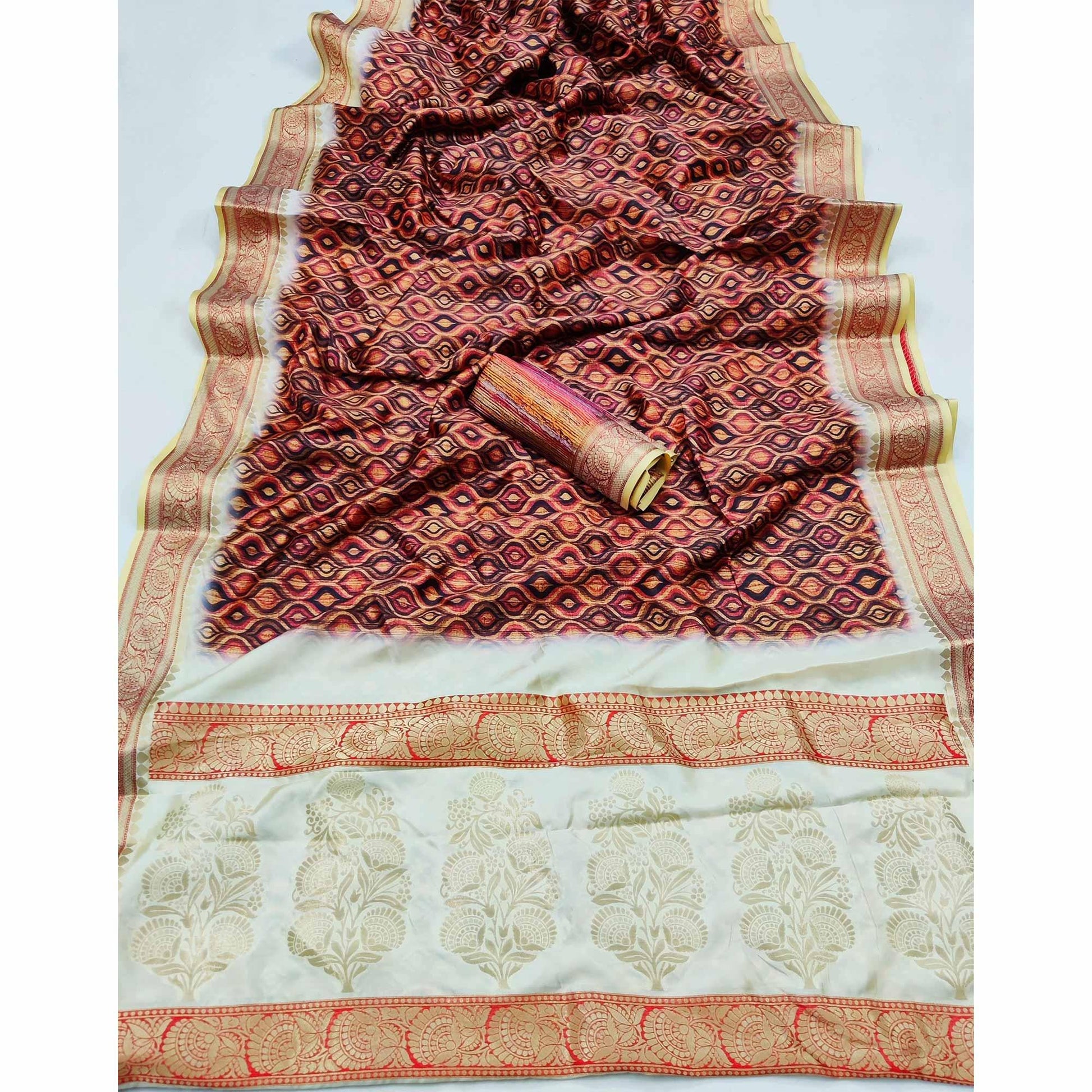 Brown Festive Wear Digital Printed Soft Silk Saree With Jacquard Border