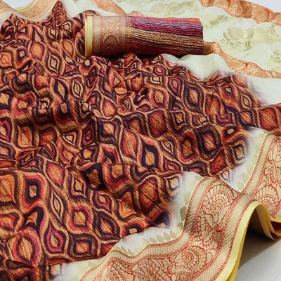 Brown Festive Wear Digital Printed Soft Silk Saree With Jacquard Border