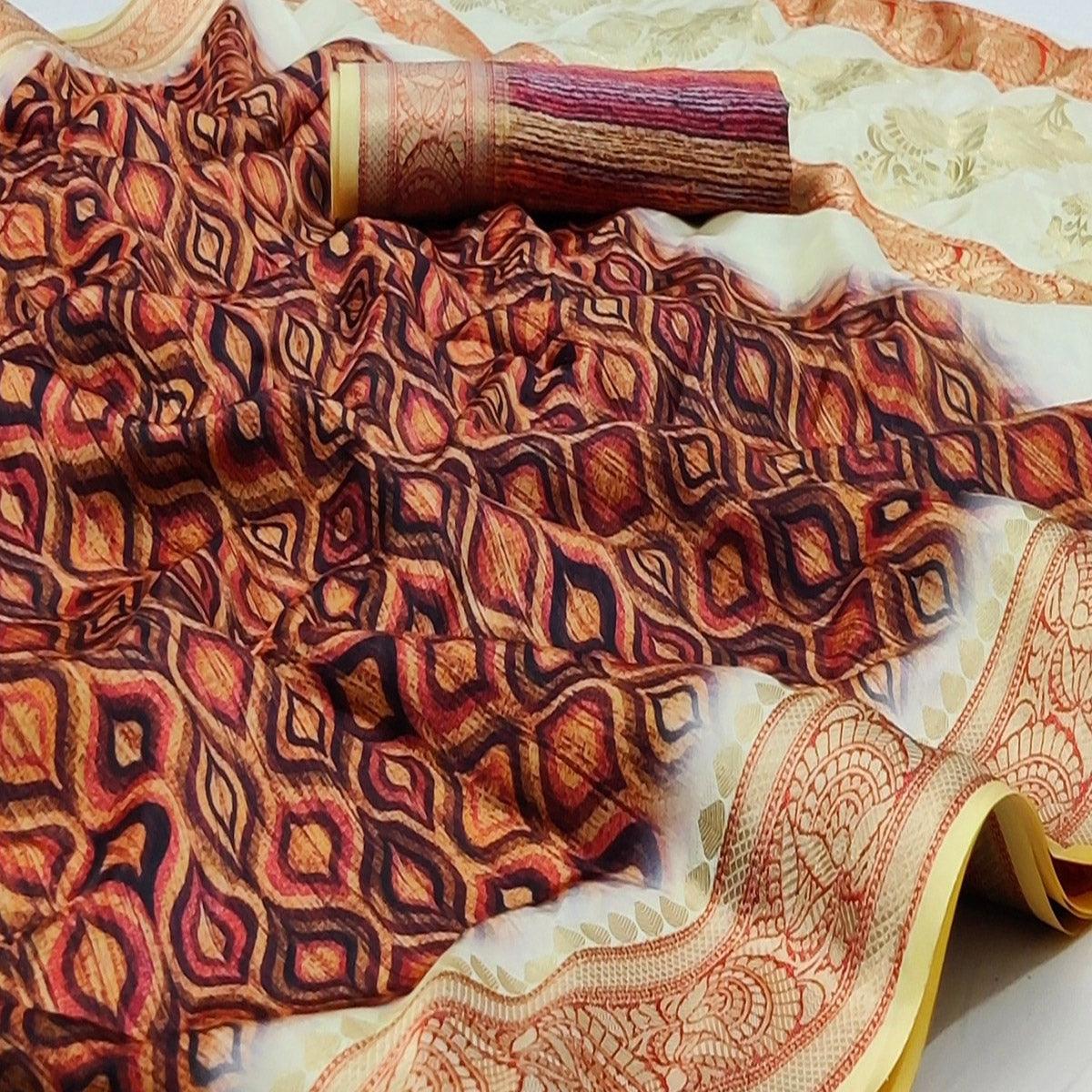 Brown Festive Wear Digital Printed Soft Silk Saree With Jacquard Border