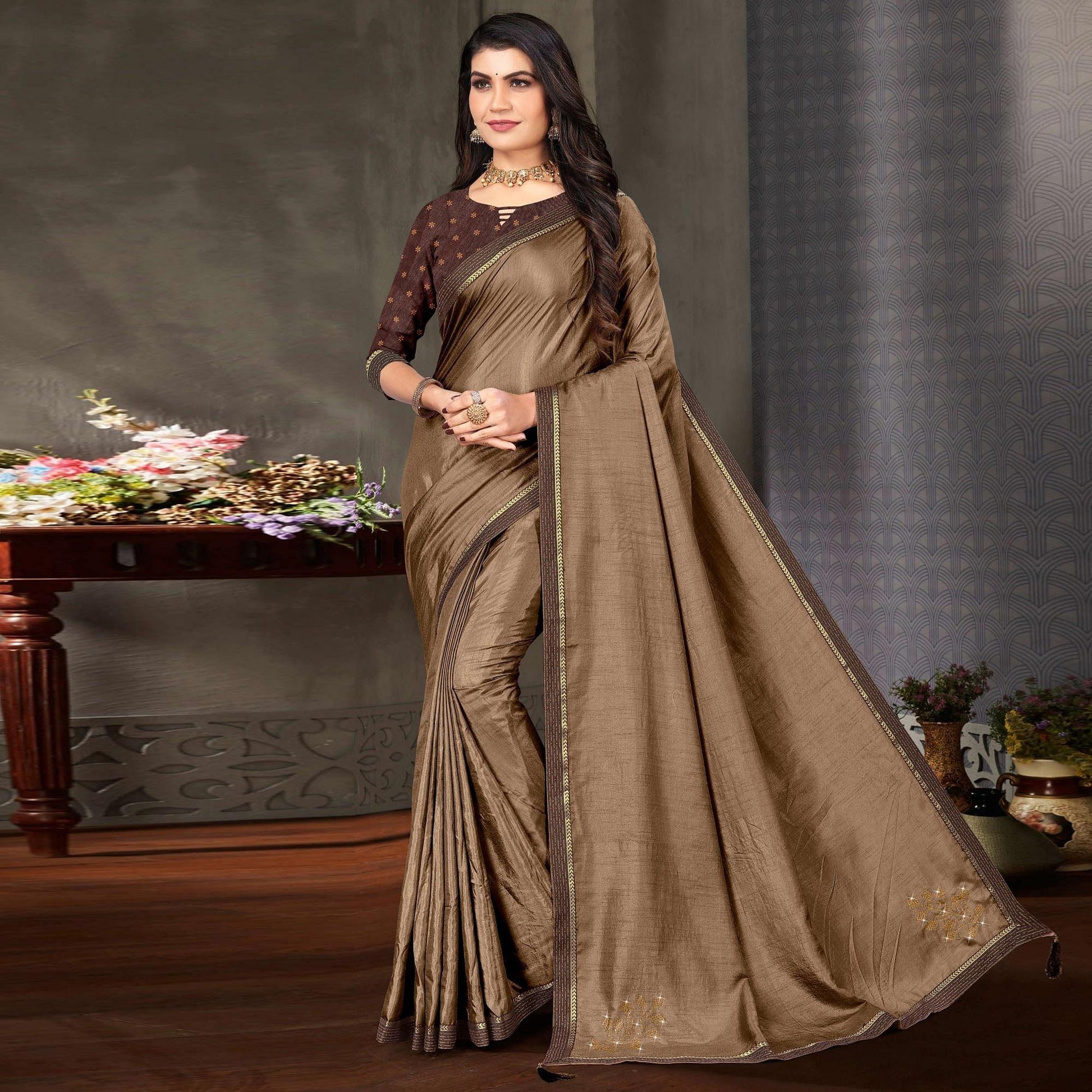 Brown Festive Wear Embellished Art Silk Saree