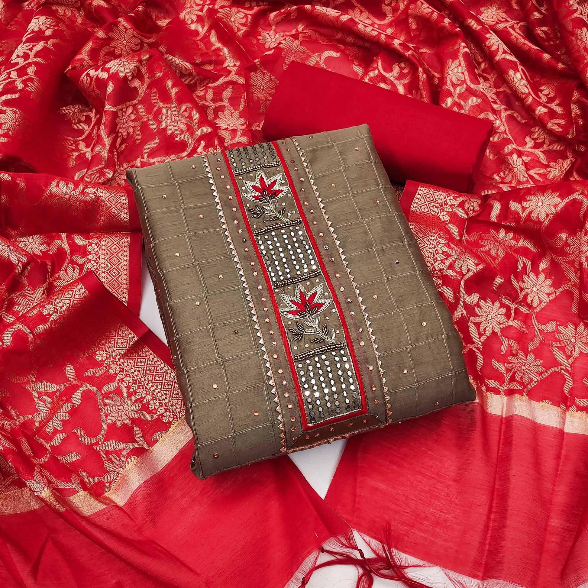Brown Festive Wear Embellished Chanderi Dress Material