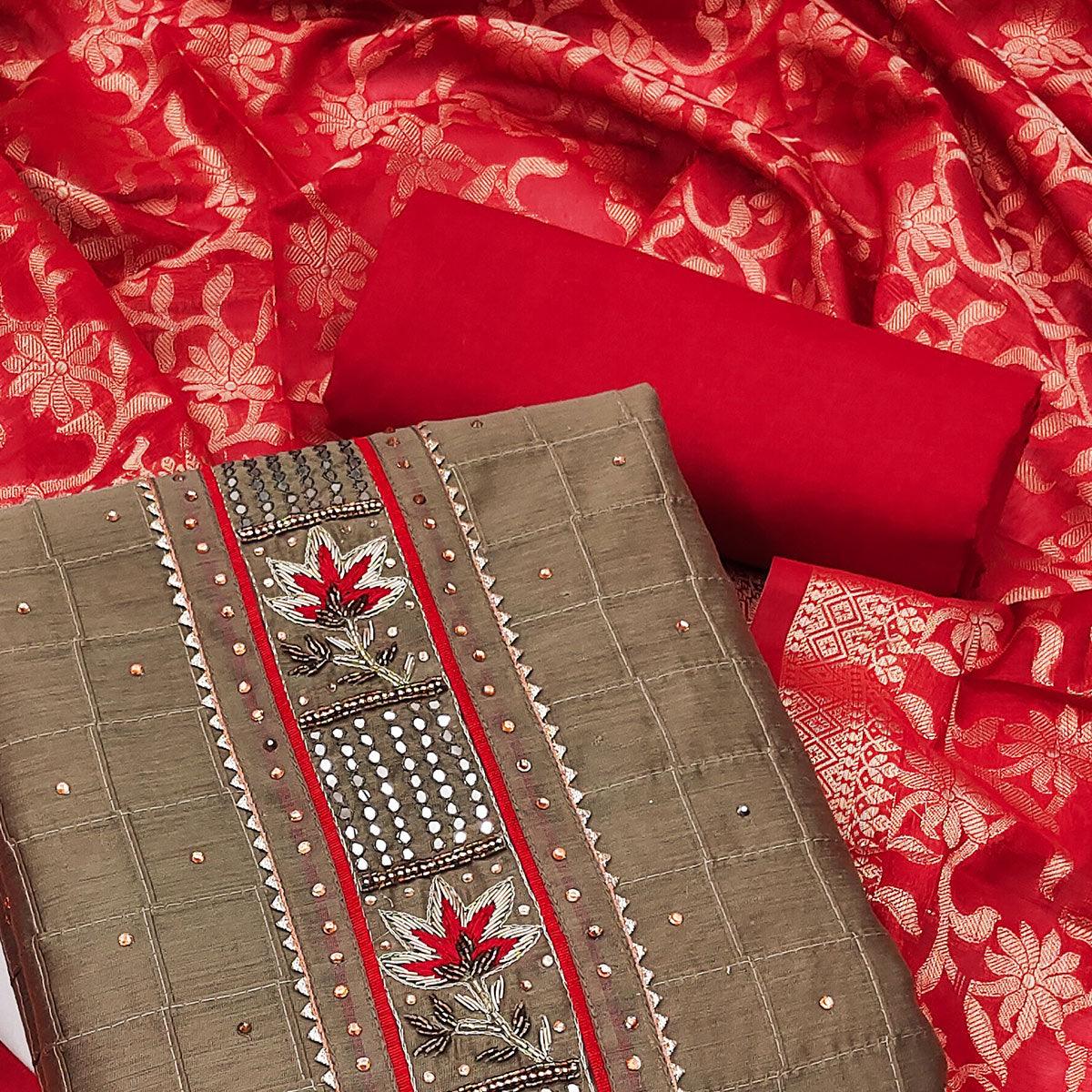 Brown Festive Wear Embellished Chanderi Dress Material