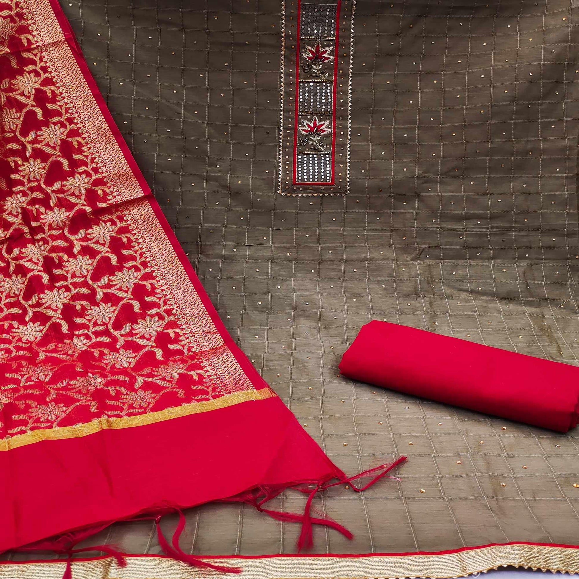 Brown Festive Wear Embellished Chanderi Dress Material