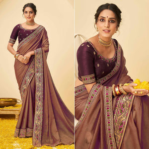 Brown Festive Wear Embellished Chiffon Saree With Heavy Lace