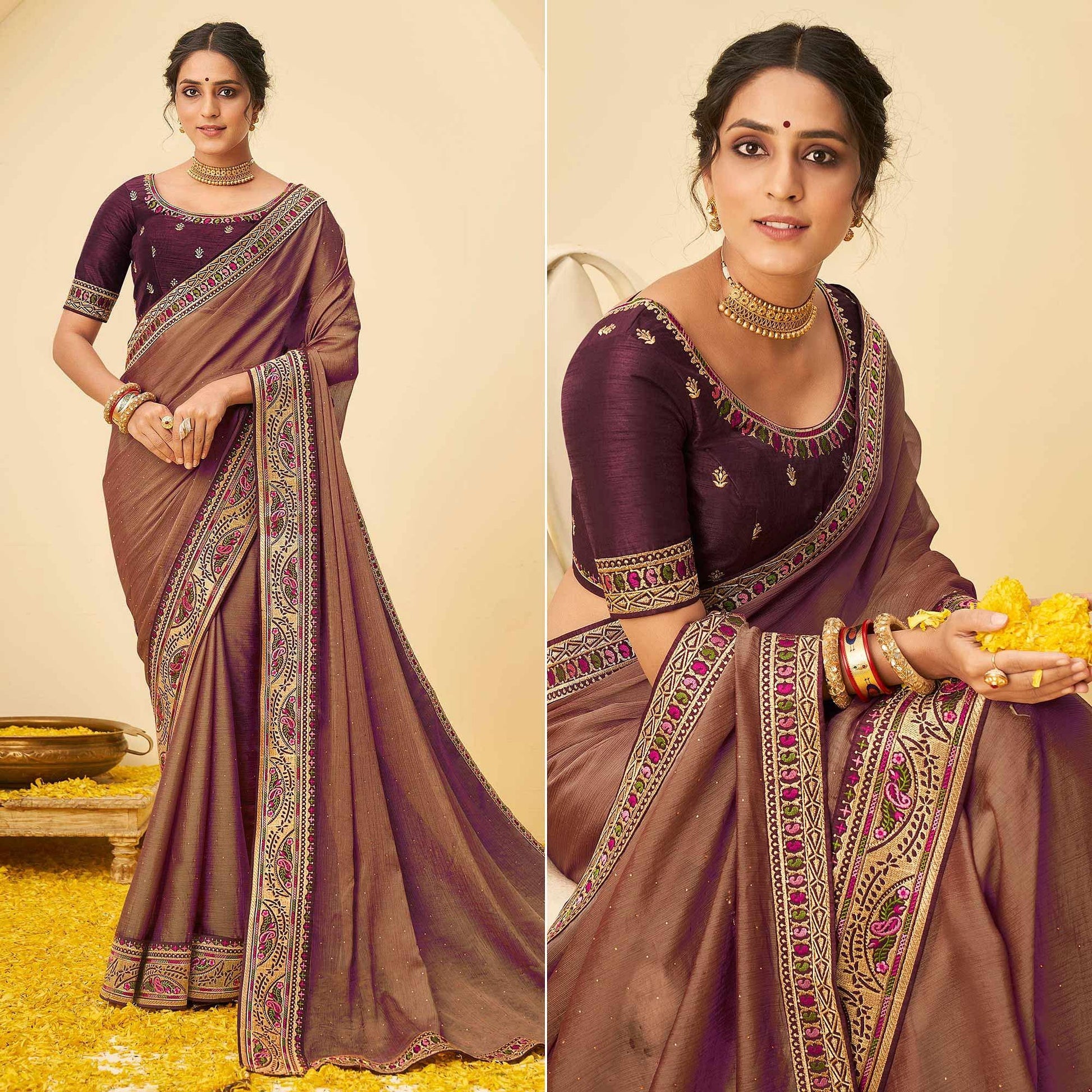 Brown Festive Wear Embellished Chiffon Saree With Heavy Lace