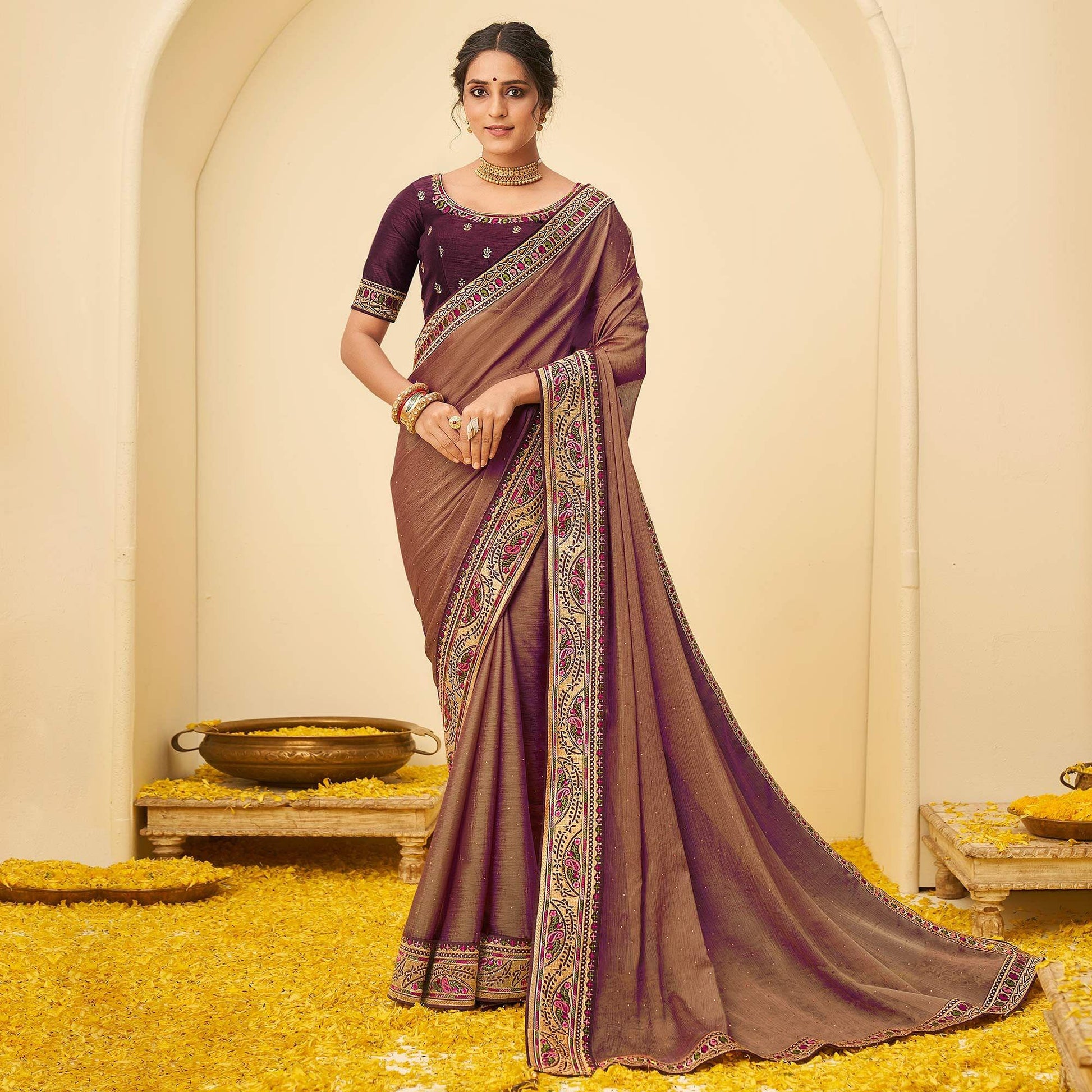 Brown Festive Wear Embellished Chiffon Saree With Heavy Lace