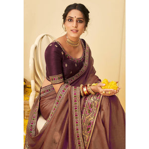 Brown Festive Wear Embellished Chiffon Saree With Heavy Lace