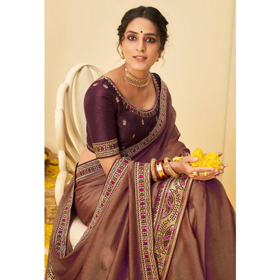 Brown Festive Wear Embellished Chiffon Saree With Heavy Lace