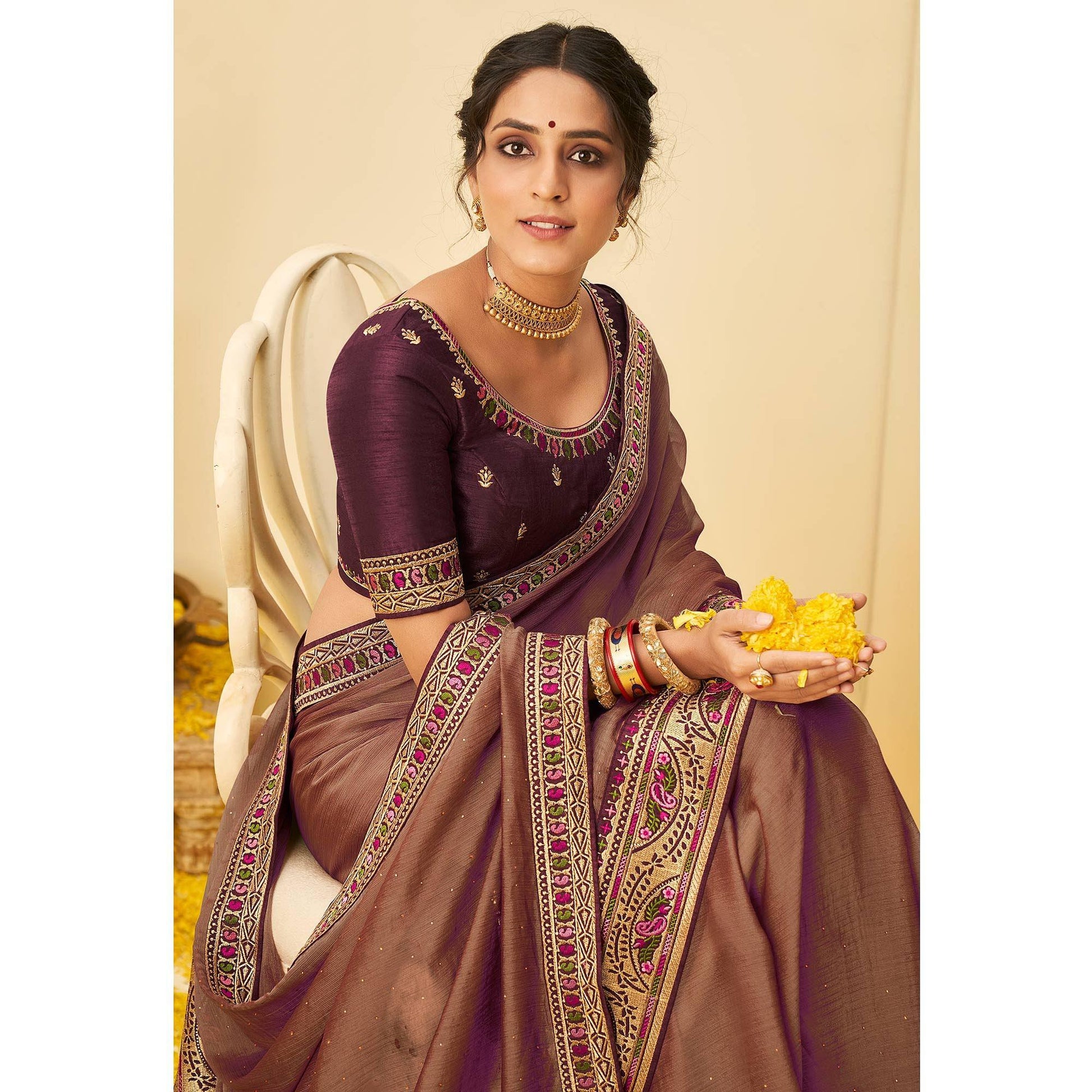 Brown Festive Wear Embellished Chiffon Saree With Heavy Lace