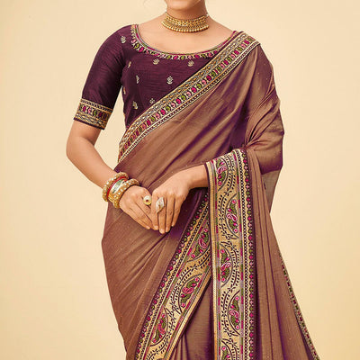 Brown Festive Wear Embellished Chiffon Saree With Heavy Lace