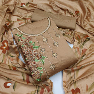 Brown Festive Wear Embroidered Cotton Dress Material