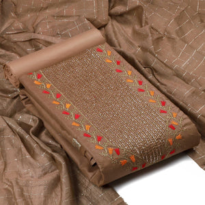 Brown Festive Wear Embroidered Cotton Dress Material