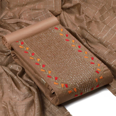 Brown Festive Wear Embroidered Cotton Dress Material