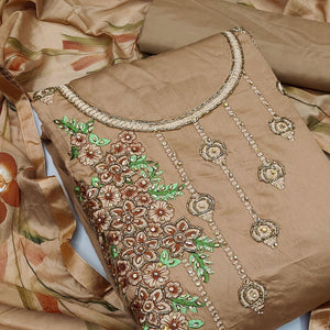 Brown Festive Wear Embroidered Cotton Dress Material
