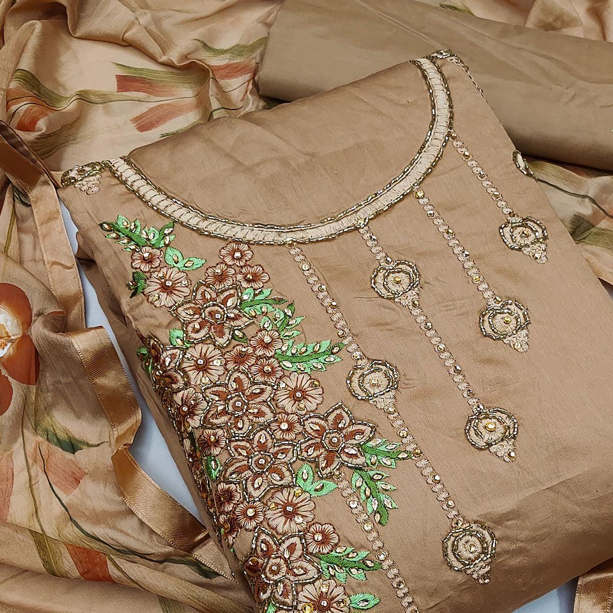 Brown Festive Wear Embroidered Cotton Dress Material