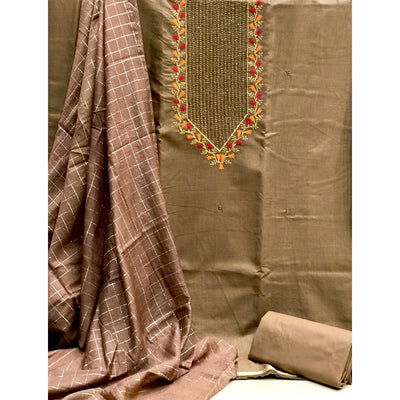 Brown Festive Wear Embroidered Cotton Dress Material