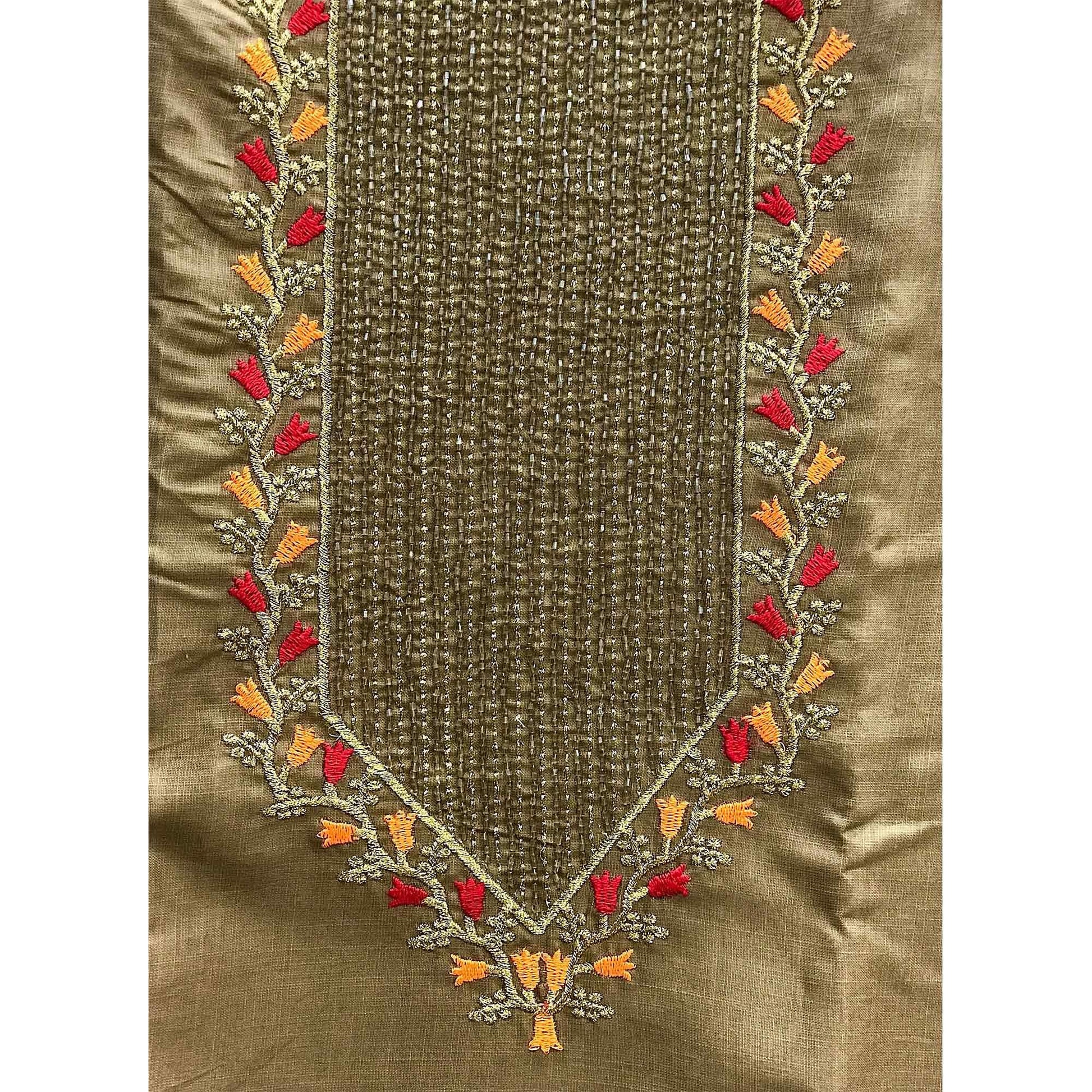 Brown Festive Wear Embroidered Cotton Dress Material
