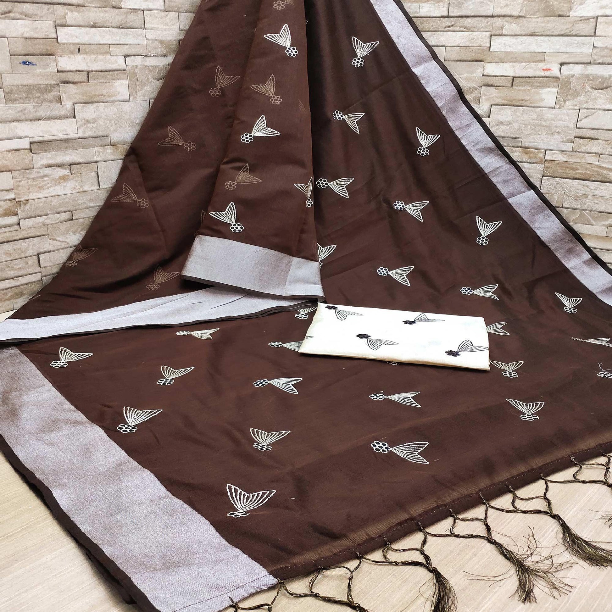 Brown Festive Wear Embroidered Cotton Saree With Tassels