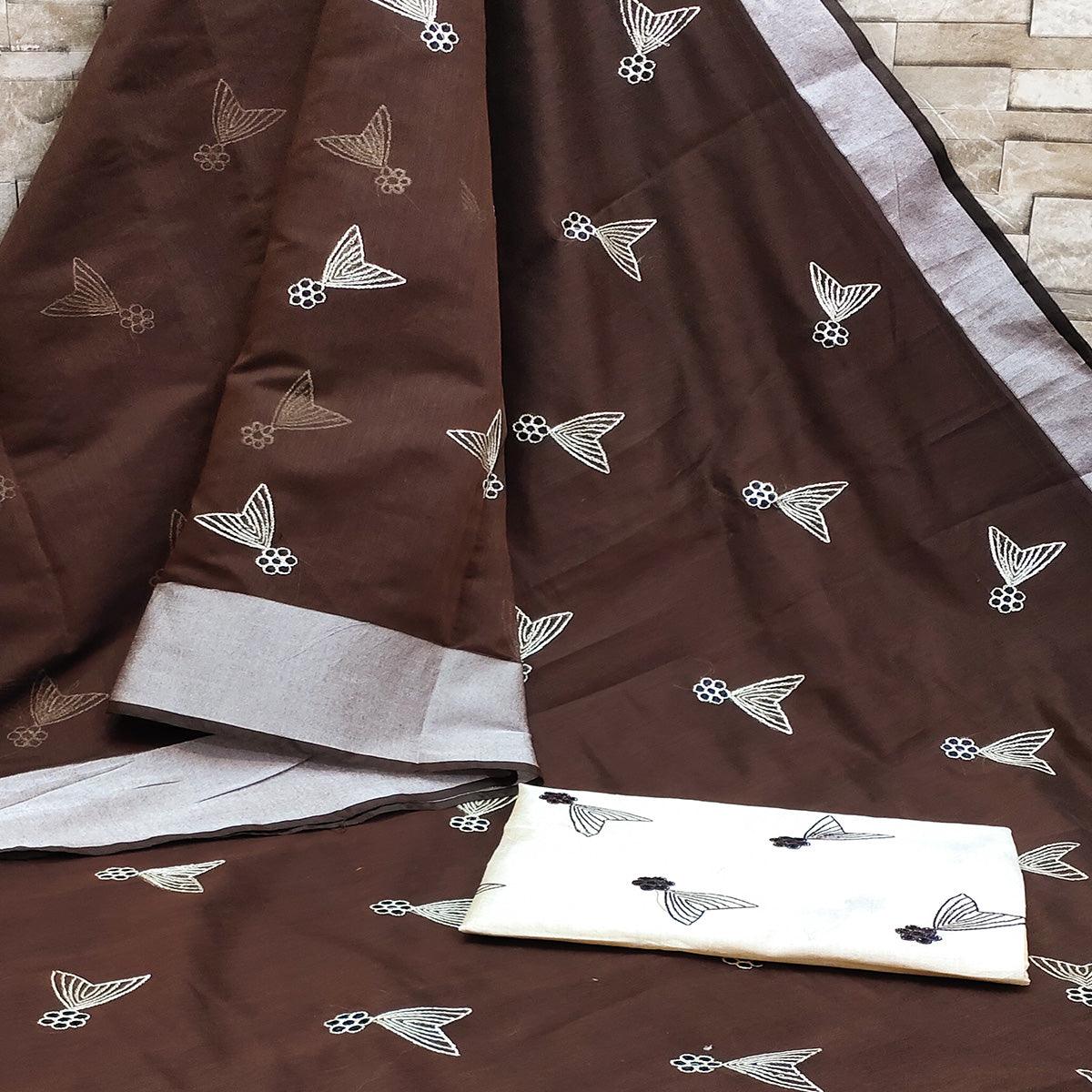 Brown Festive Wear Embroidered Cotton Saree With Tassels