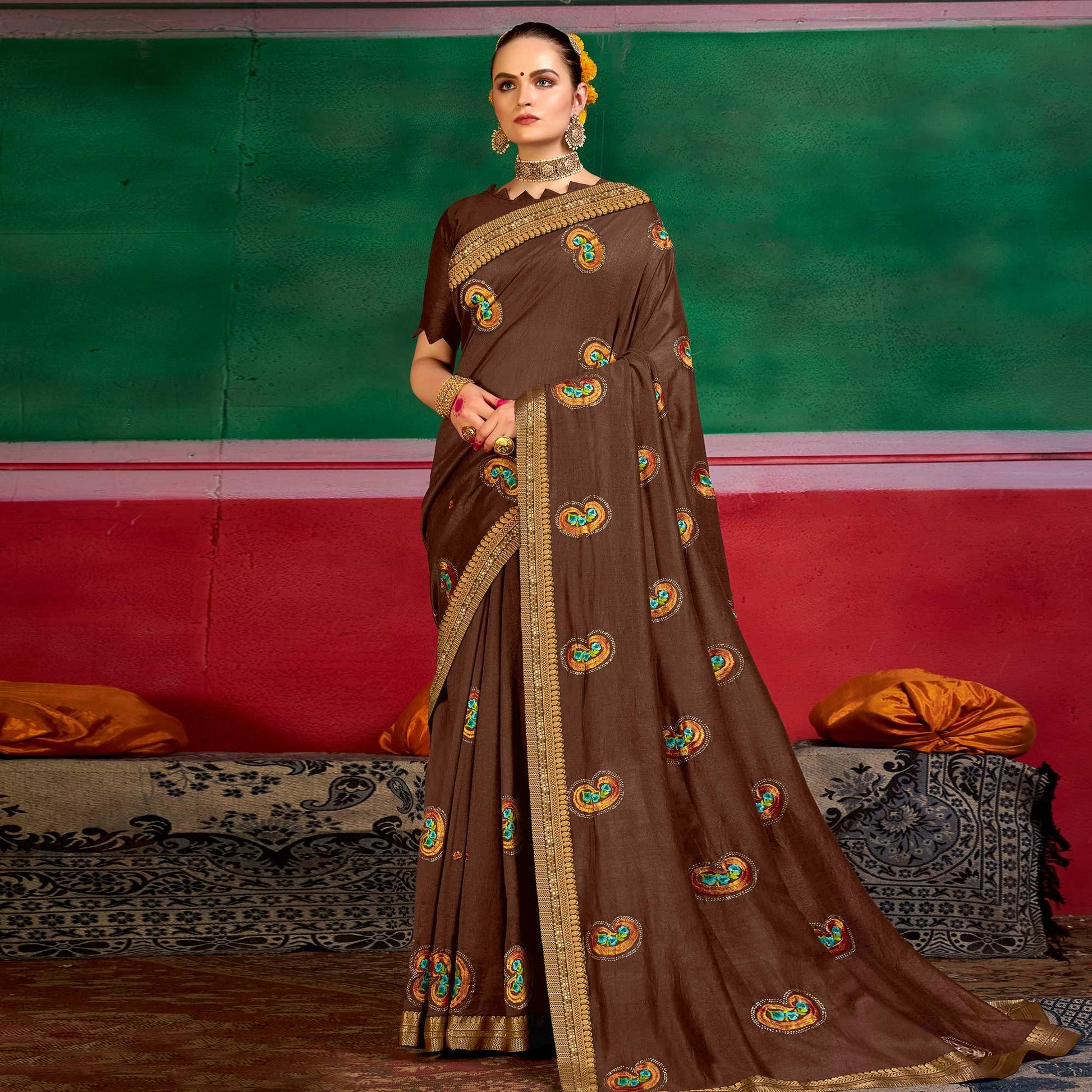 Brown Festive Wear Embroidered Dola Silk Saree