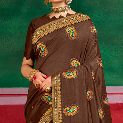 Brown Festive Wear Embroidered Dola Silk Saree