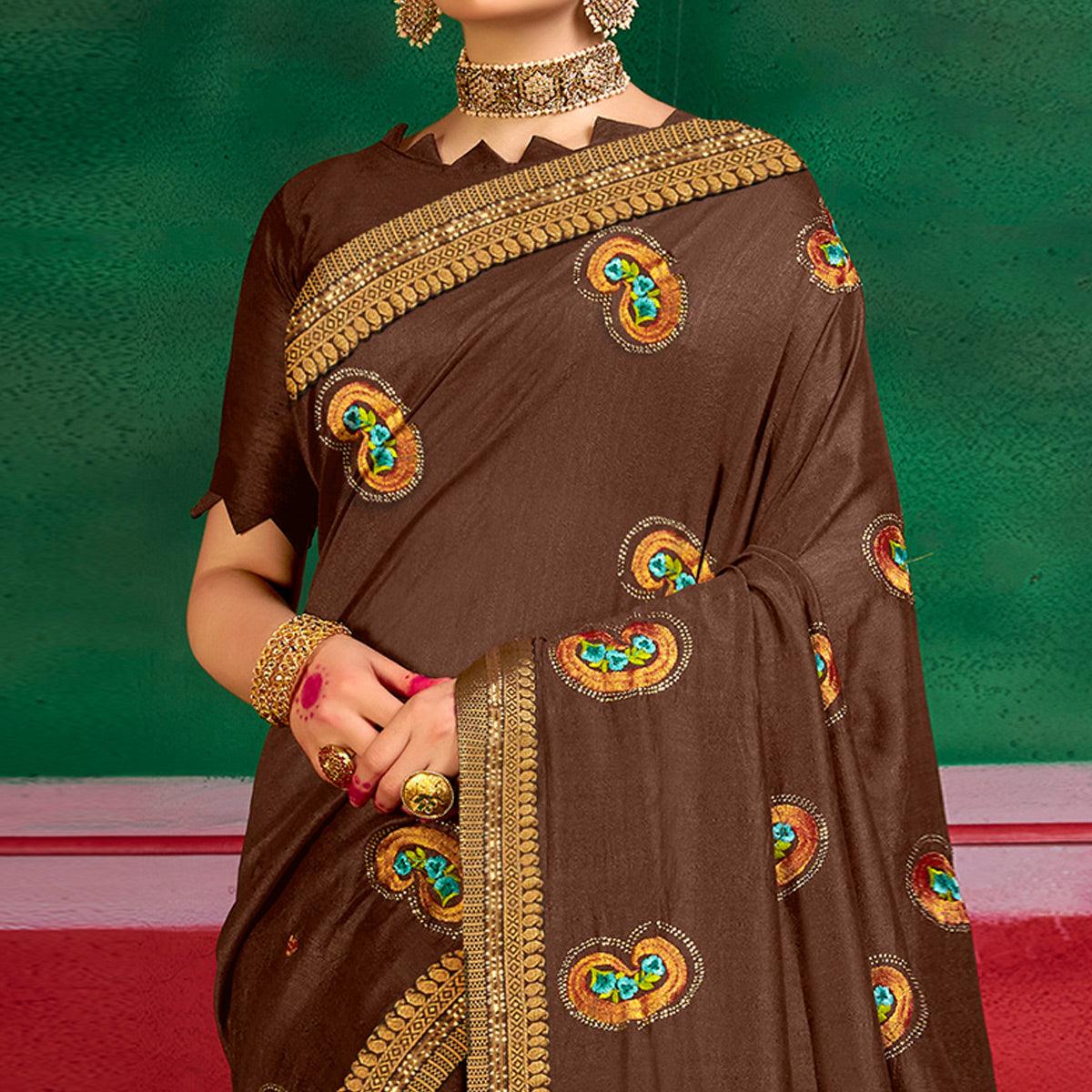 Brown Festive Wear Embroidered Dola Silk Saree