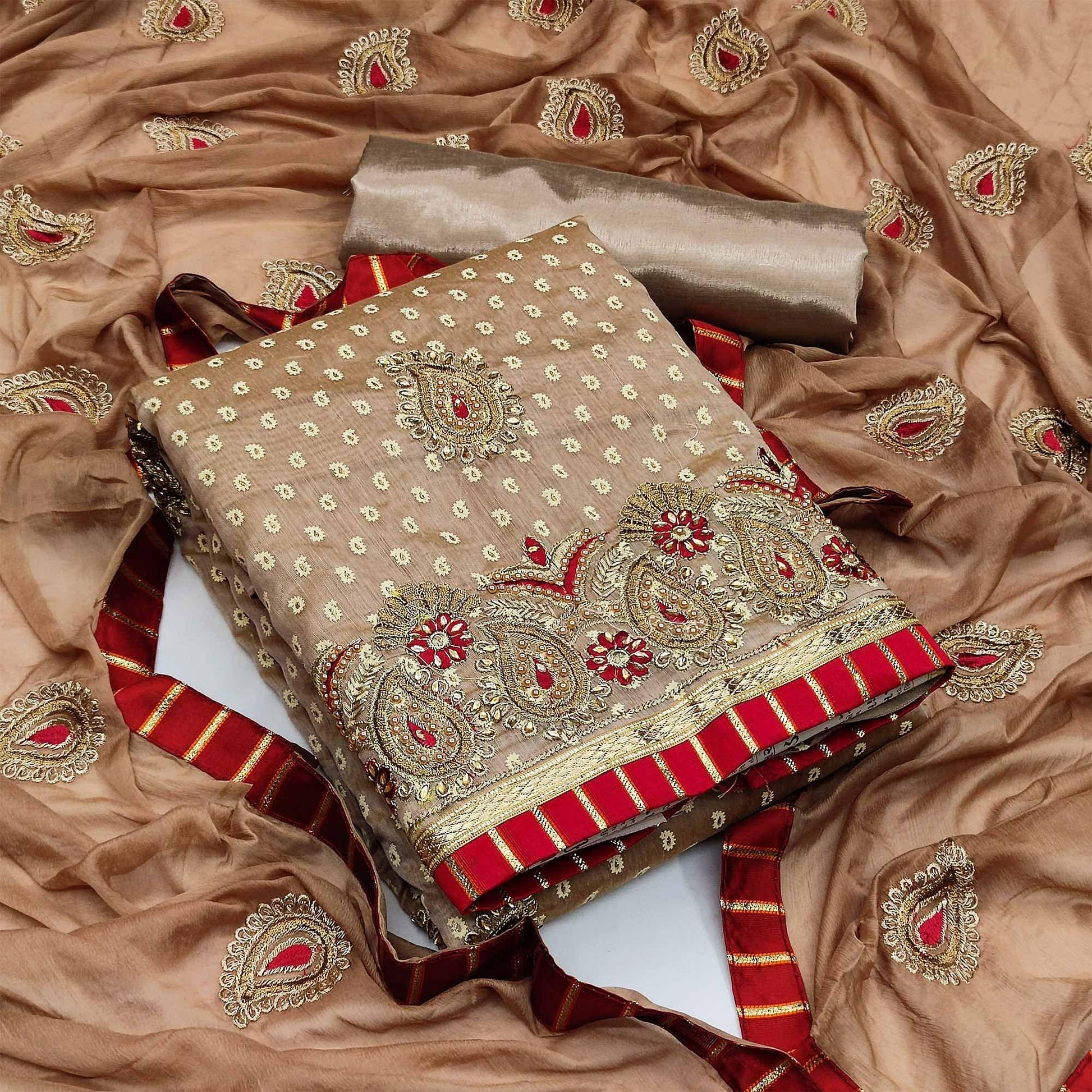 Brown Festive Wear Embroidered Fancy Dress Material