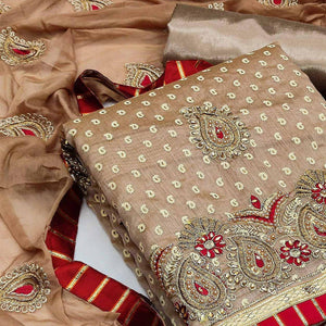 Brown Festive Wear Embroidered Fancy Dress Material