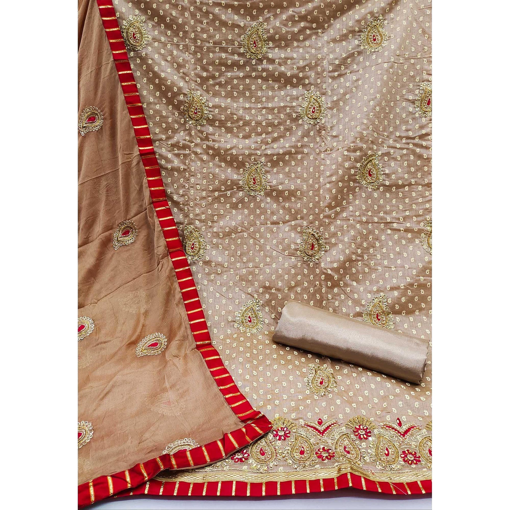 Brown Festive Wear Embroidered Fancy Dress Material