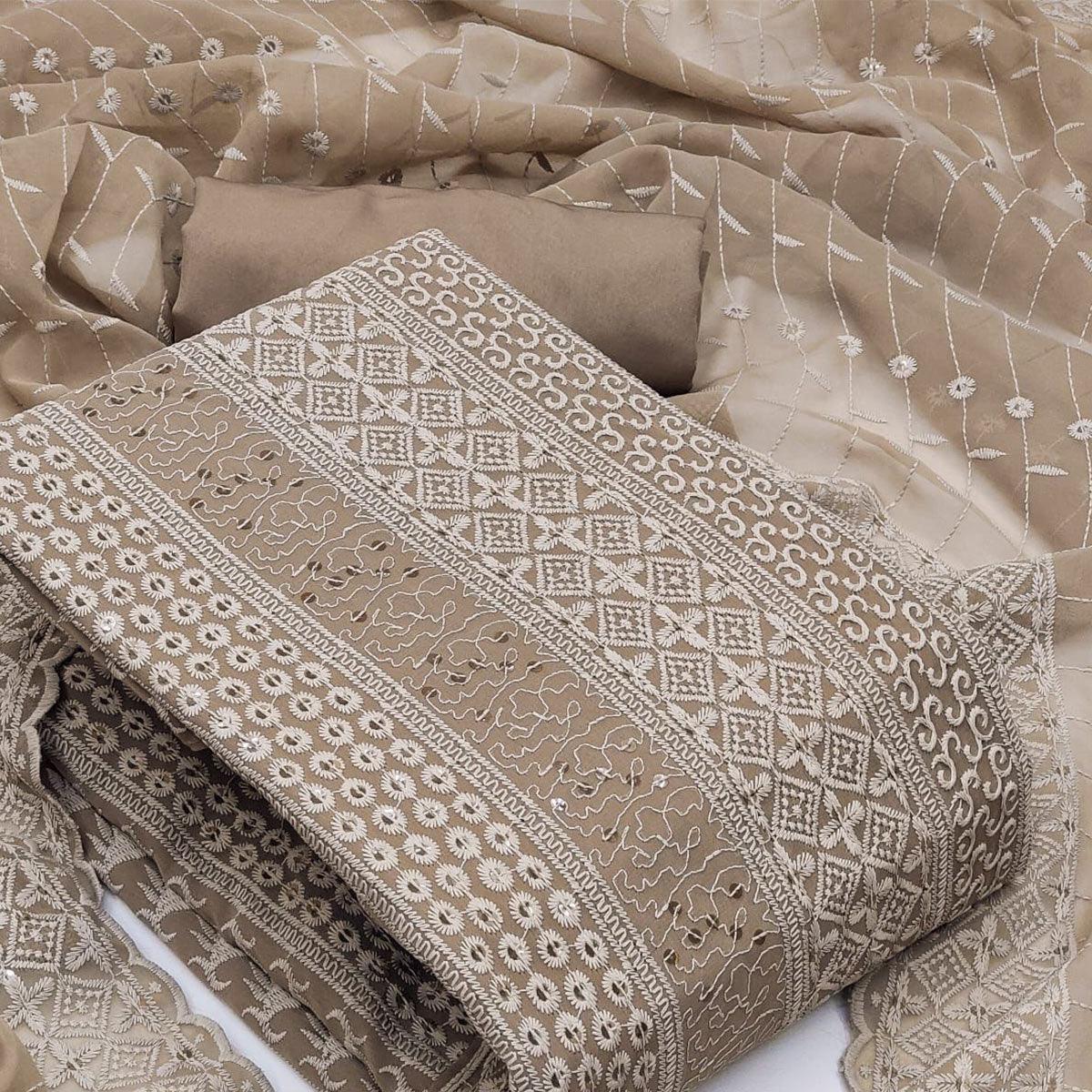 Brown Festive Wear Embroidered Georgette Dress Material