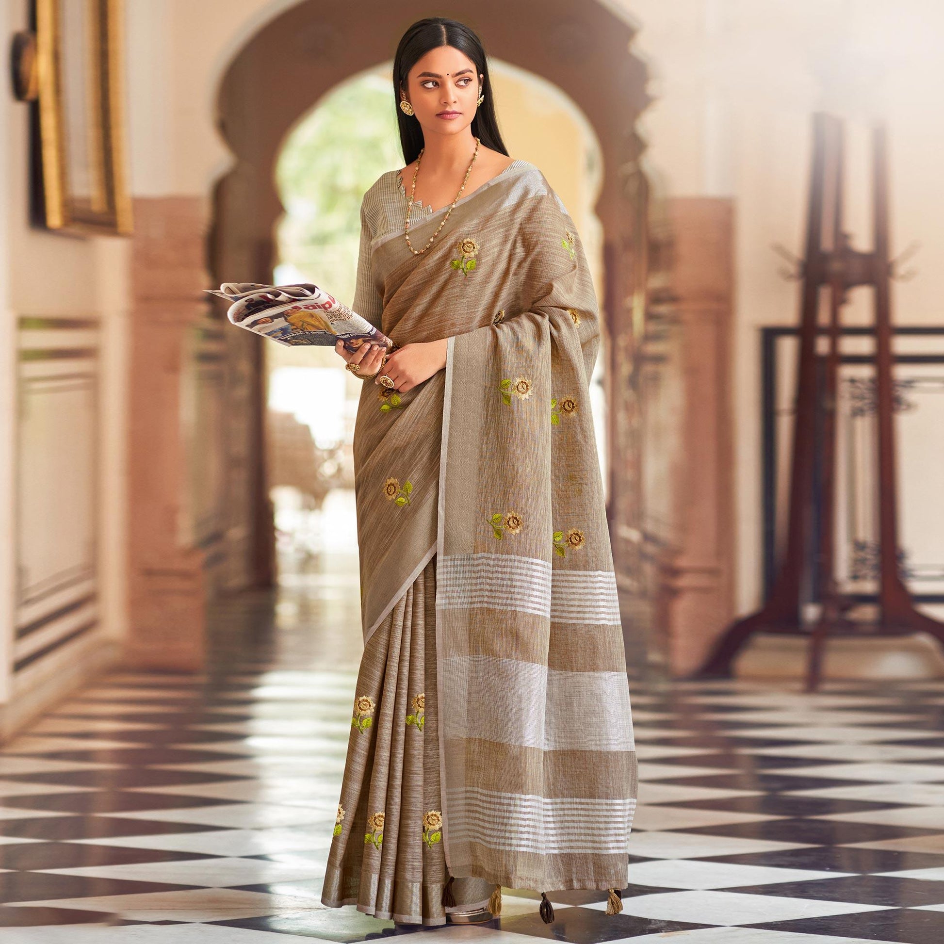 Brown Festive Wear Embroidered Linen Saree
