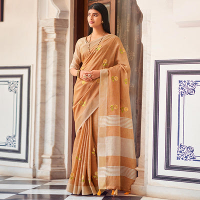 Brown Festive Wear Embroidered Linen Saree