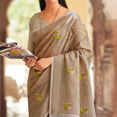 Brown Festive Wear Embroidered Linen Saree