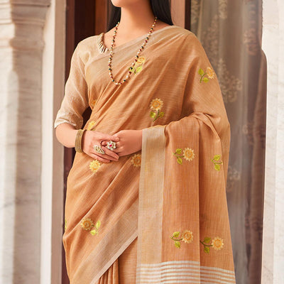 Brown Festive Wear Embroidered Linen Saree