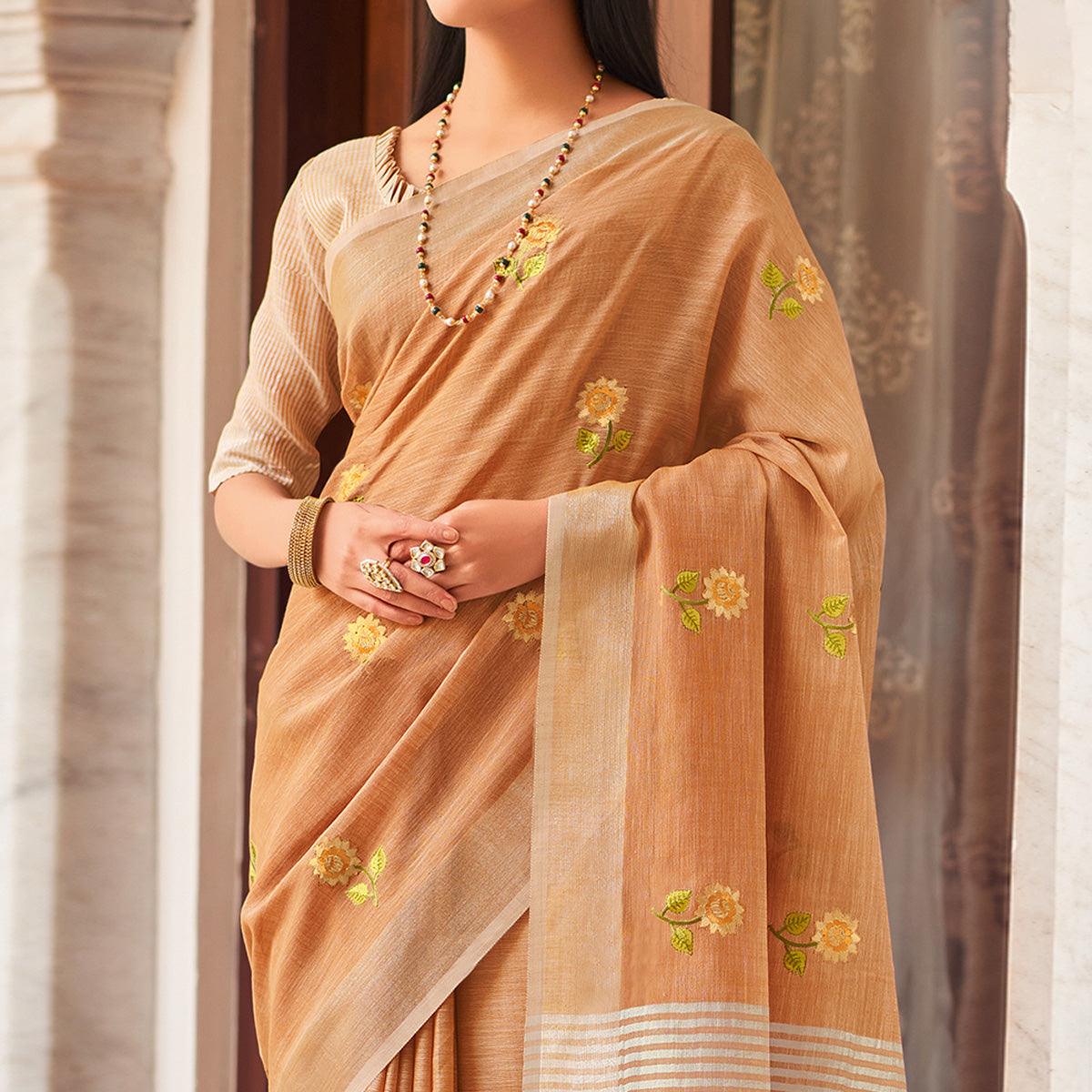 Brown Festive Wear Embroidered Linen Saree