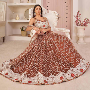 Brown Festive Wear Embroidered Mono Net Lehenga Choli