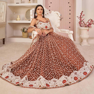 Brown Festive Wear Embroidered Mono Net Lehenga Choli