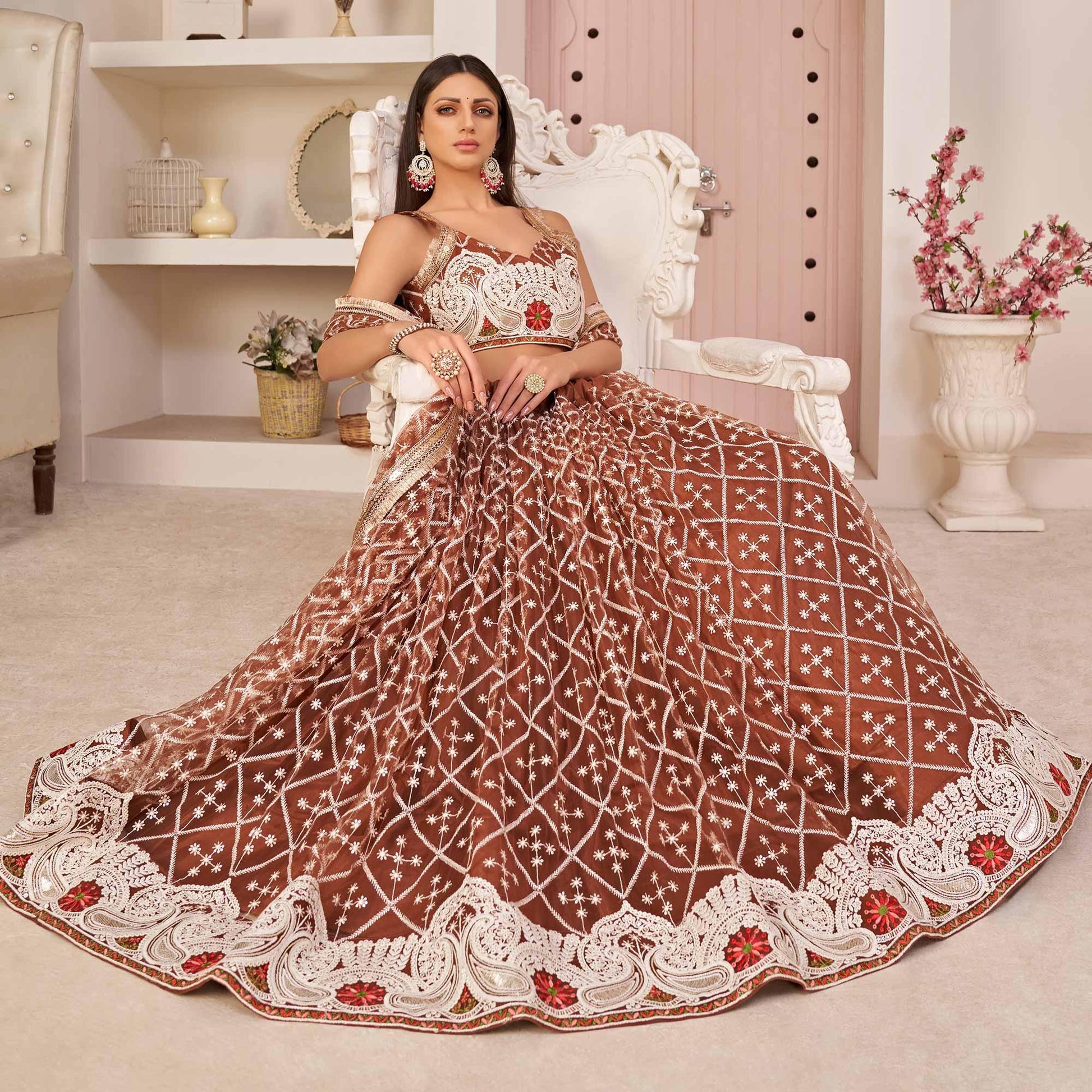Brown Festive Wear Embroidered Mono Net Lehenga Choli