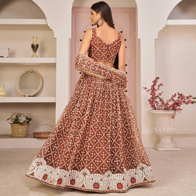 Brown Festive Wear Embroidered Mono Net Lehenga Choli
