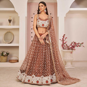 Brown Festive Wear Embroidered Mono Net Lehenga Choli