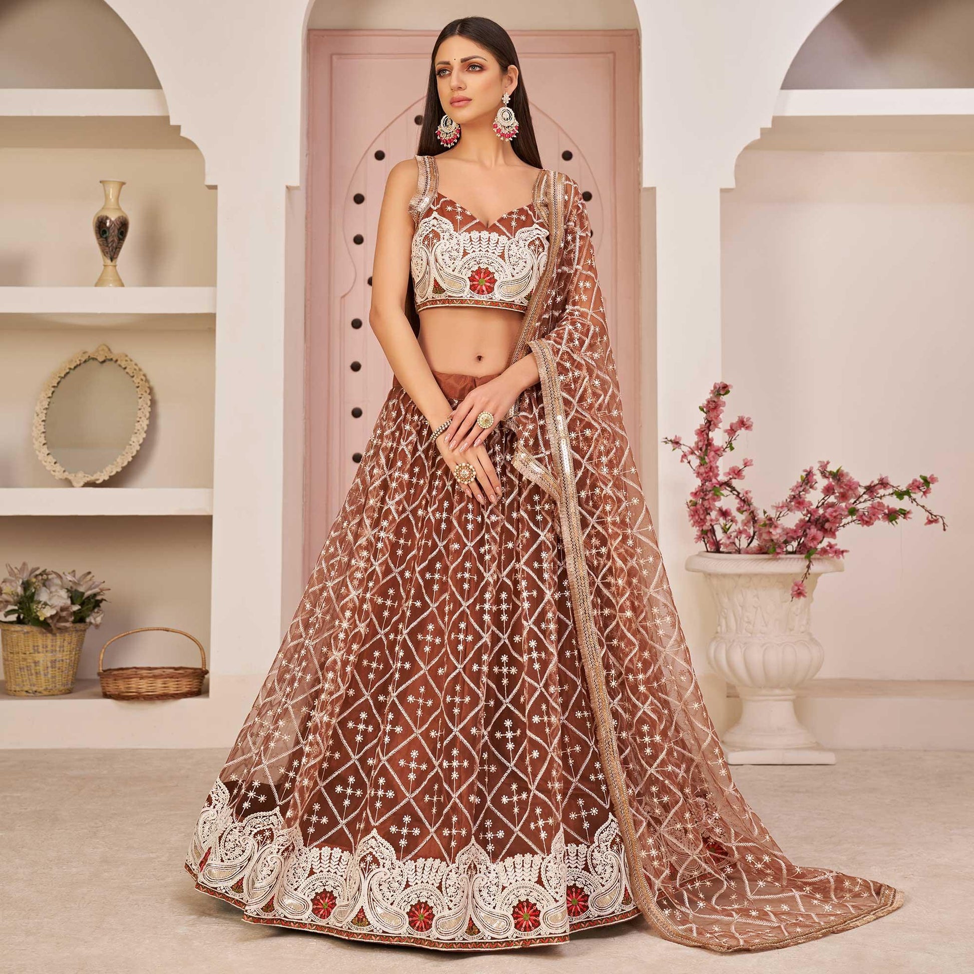 Brown Festive Wear Embroidered Mono Net Lehenga Choli
