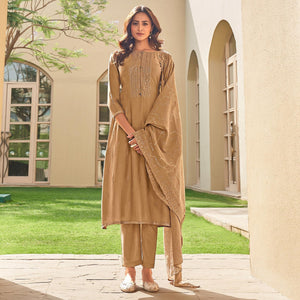 Brown Festive Wear Embroidered Muslin Palazzo Suit