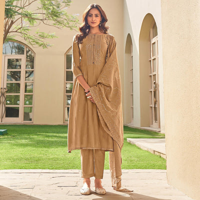 Brown Festive Wear Embroidered Muslin Palazzo Suit