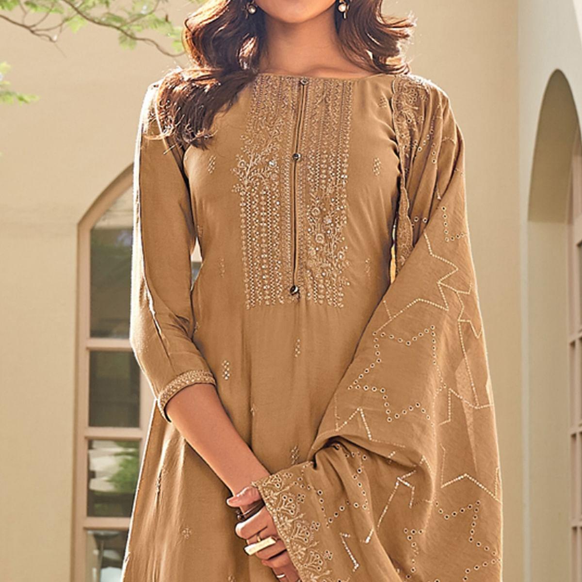 Brown Festive Wear Embroidered Muslin Palazzo Suit