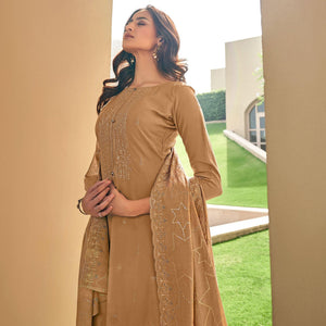 Brown Festive Wear Embroidered Muslin Palazzo Suit