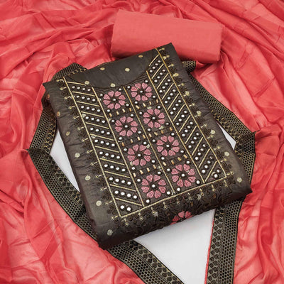 Brown Festive Wear Embroidered With Embellished Chanderi Dress Material