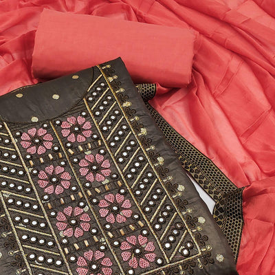 Brown Festive Wear Embroidered With Embellished Chanderi Dress Material