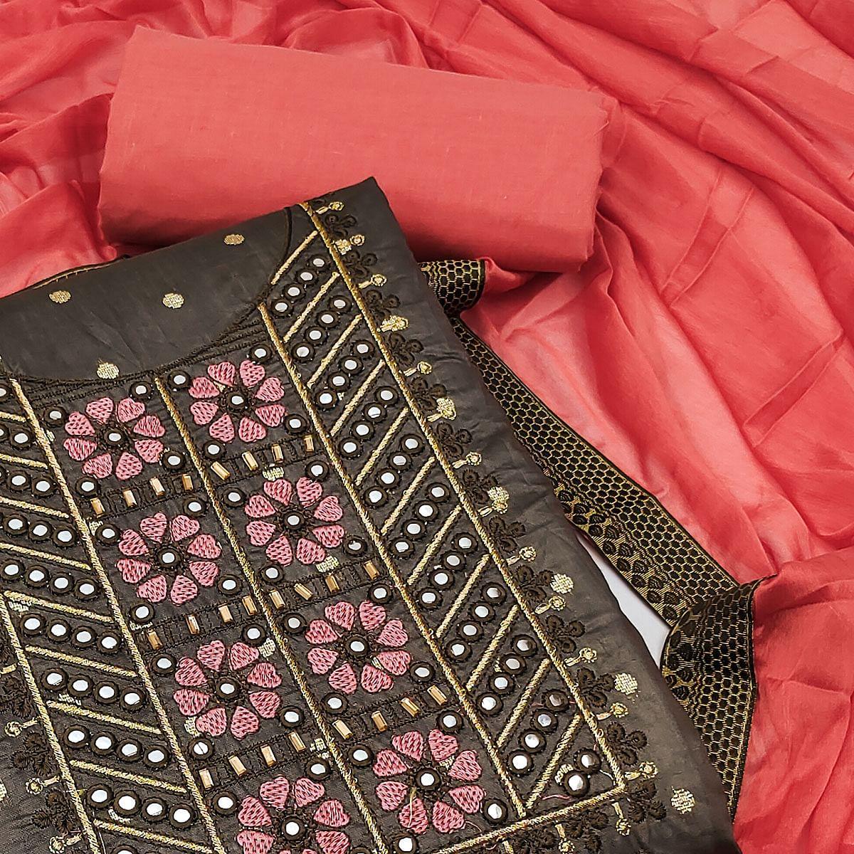 Brown Festive Wear Embroidered With Embellished Chanderi Dress Material